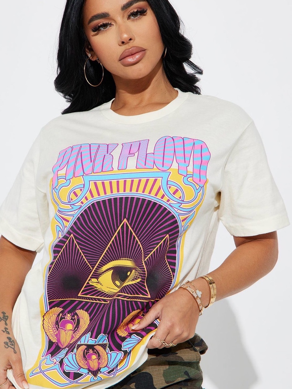 Pink Floyd Cream Tee with Neon Pink, Purple & Yellow Graphic